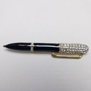Vintage Pen Shape Rhinestone Brooch, Black Enamel Gold Tone Setting, Estate